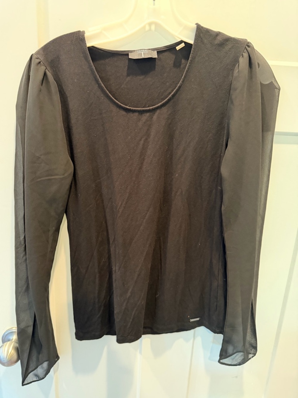 Tahari Black Sheer Sleeve Top Small Petite Long Sleeve Minimalist Workwear
